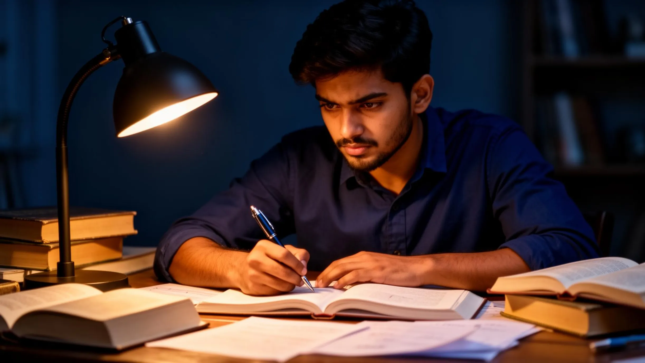 A competitive exam aspirant studying under lamp light, deep in focus
